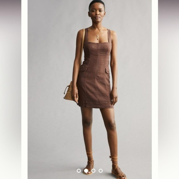 NWT Anthropologie dark brown square neck cargo dress linen blend size 10 - Picture 2 of 13